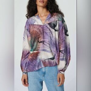 NWT Chufy Bamboo Blouse Lilac Palm Loose Fit  Flowy Blouse Long Sleeve Size M